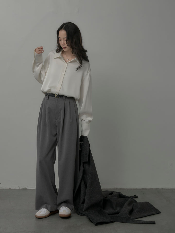 【SET】【Essential】ソフトウールリバートレンチコート+ケープ付きオーバーサテンシャツ+【Essential】３タックスラックス(3set)