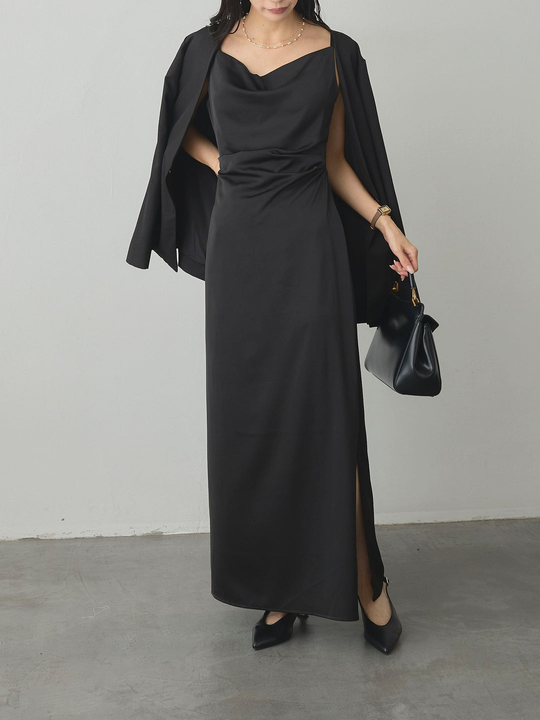 【SET】【Essential】フロントホックノーカラージャケット+【Essential】サテンドレープキャミワンピ(2set)