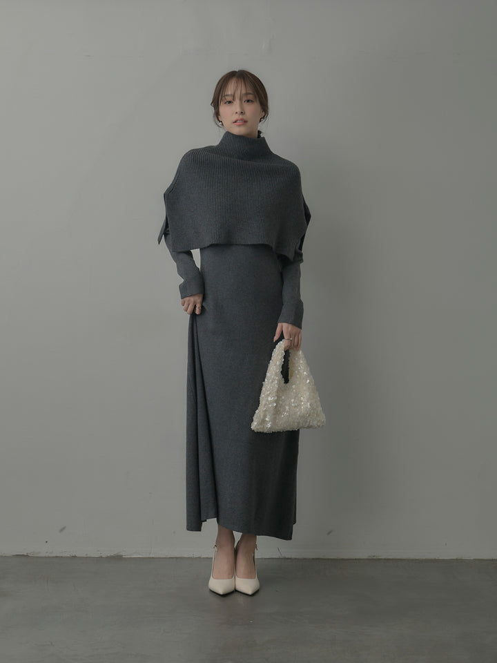 ケープ付きリブニットロングワンピース