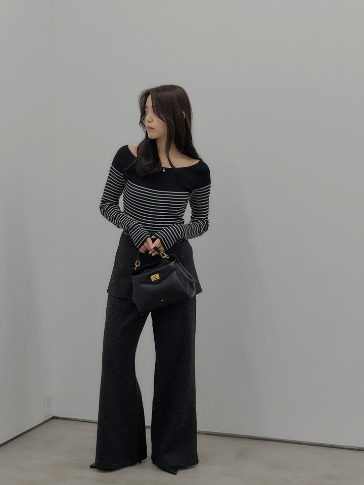 【SET】ハーフボーダーニットトップス+ミックスヤーンニットラップパンツ(2set)