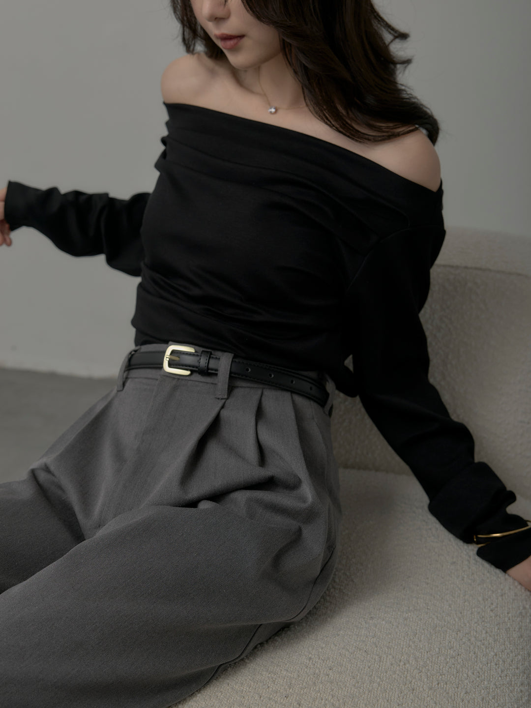 【SET】【Essential】2wayショルダードレープカットトップス+【Essential】３タックスラックス(2set)