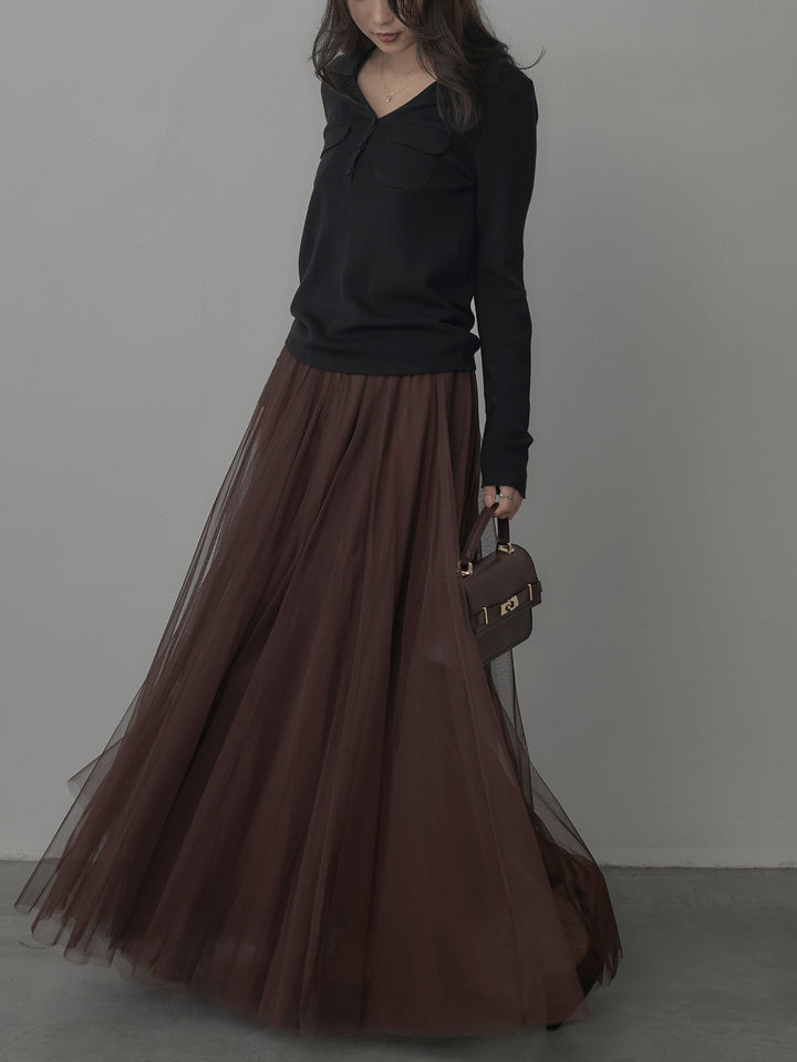 【SET】ポケットデザインリブニットトップス+ボリュームチュールスカート(2set)