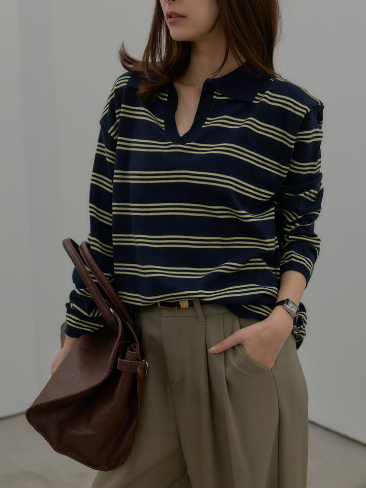 ボーダーポロ襟ニットプルオーバー