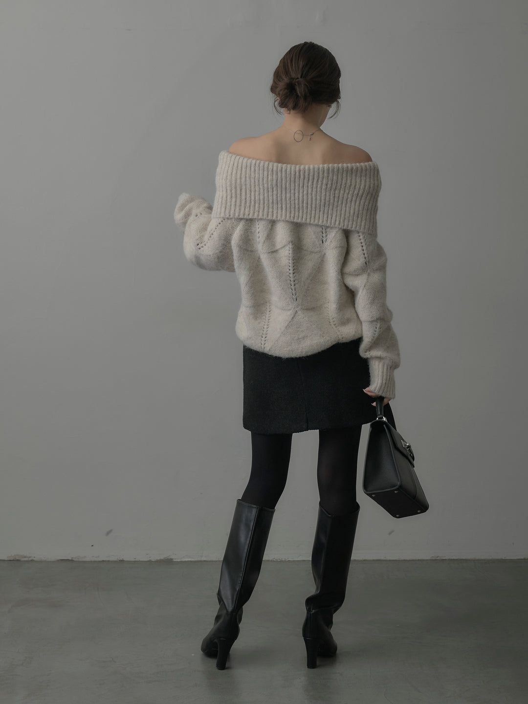 【SET】メランジニットオフショルトップス+ブークレ台形ミニスカート (2set)