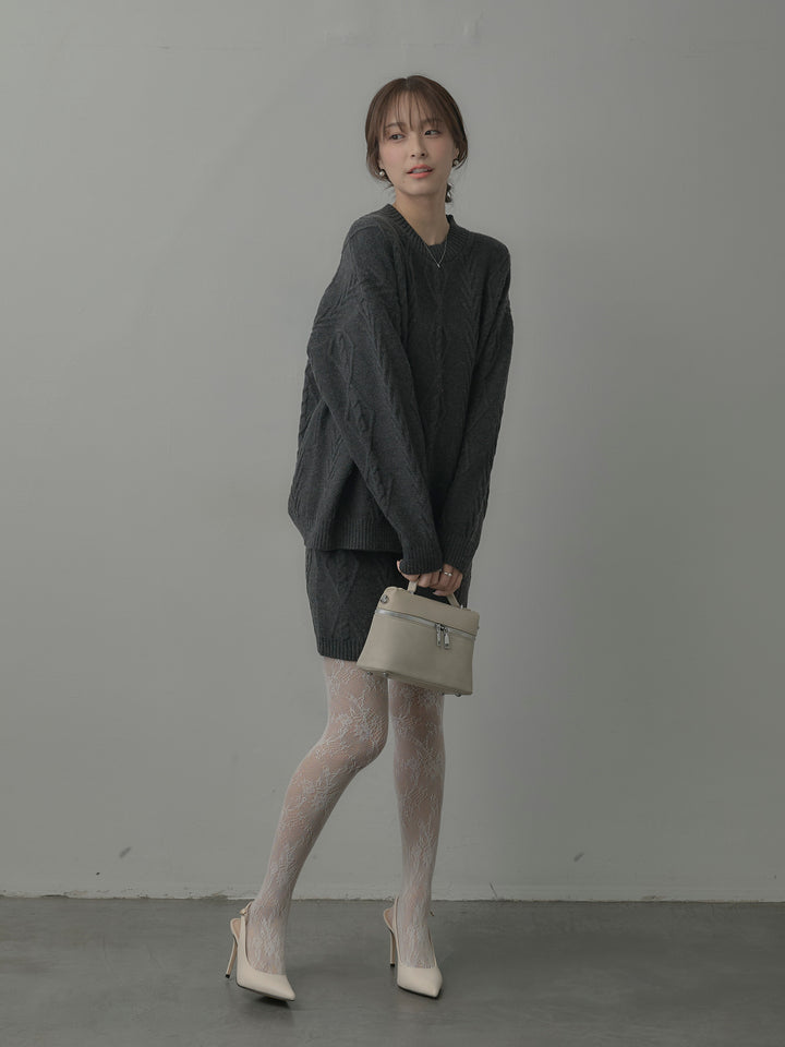 デザイン編みニットトップス&ミニスカート SET UP