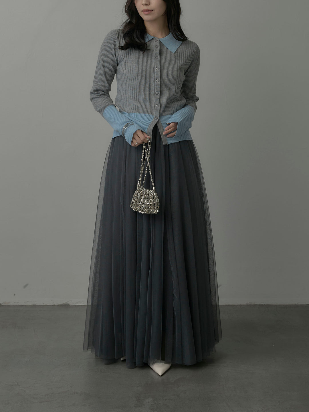 【SET】バイカラーリブニットポロトップス+ボリュームチュールスカート(2set)