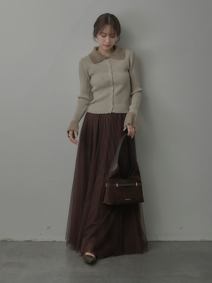 シャギー襟リブニットポロトップス