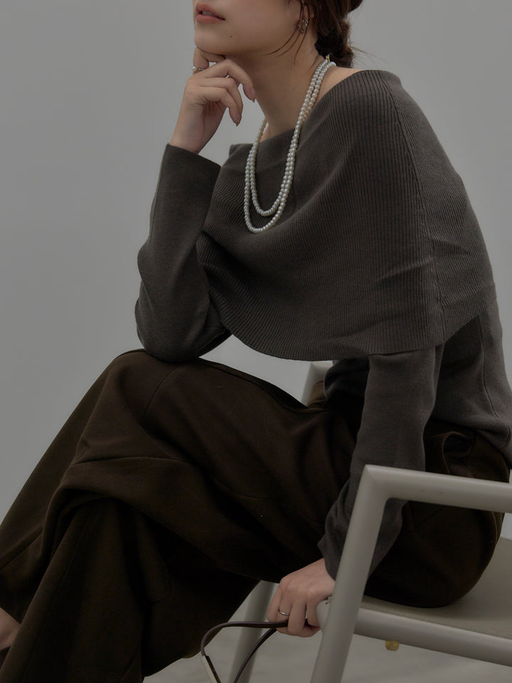 【SET】【premium touch】ソフトリブオフショルニットトップス+カーブデザインスウェットライクパンツ(2set)