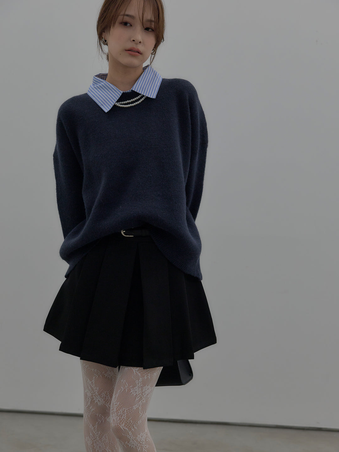 【SET】シャツドッキング肉厚ニットプルオーバー+ベルト付きプリーツミニスカート(2set)