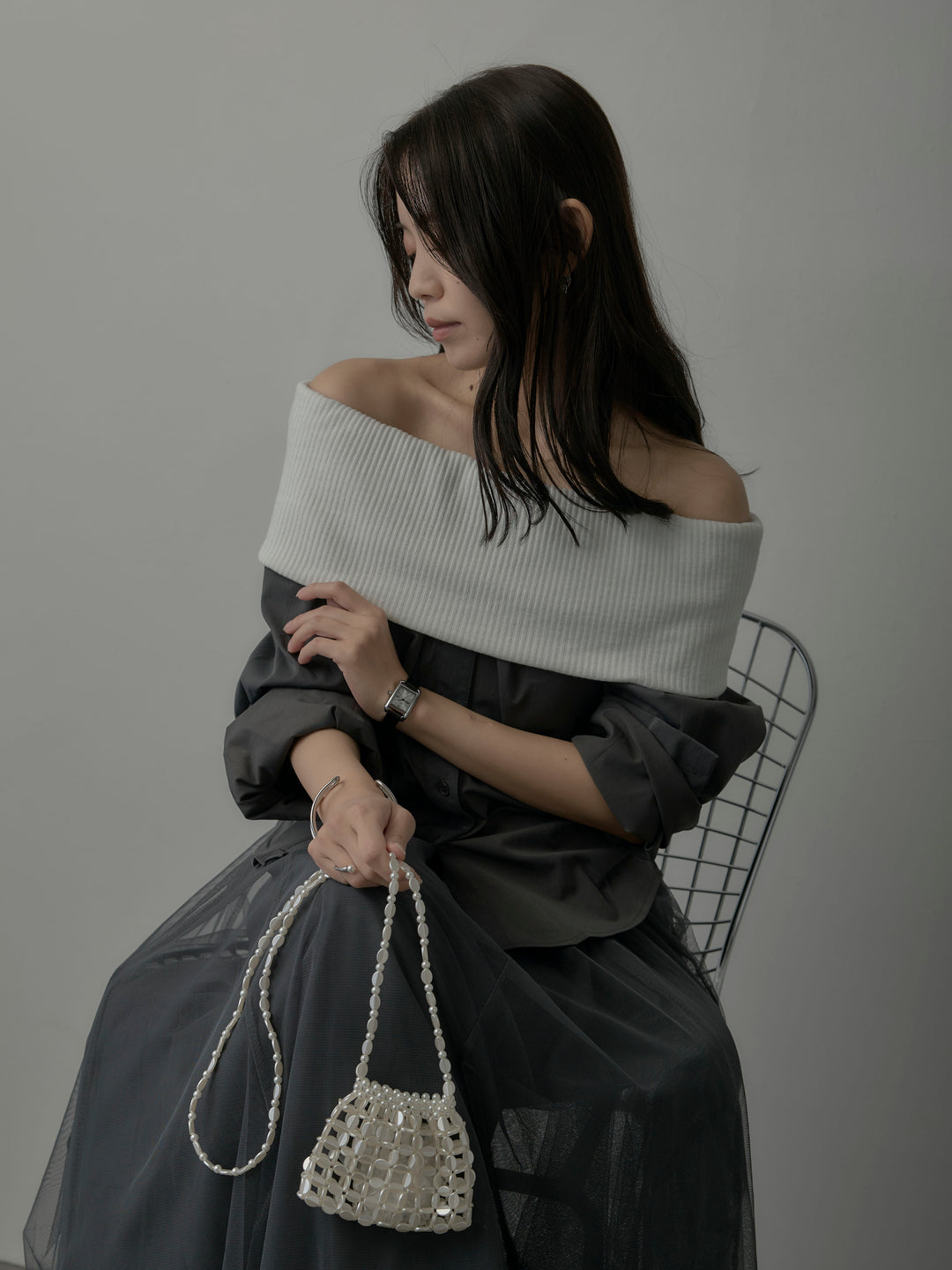 ニットシャツドッキングオフショルトップス