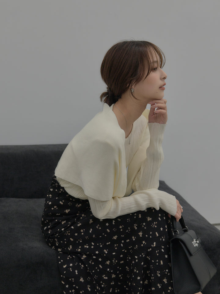 【SET】ニットスカーフ付きリブニットトップス+フラワーパターンマーメイドフレアスカート(2set)