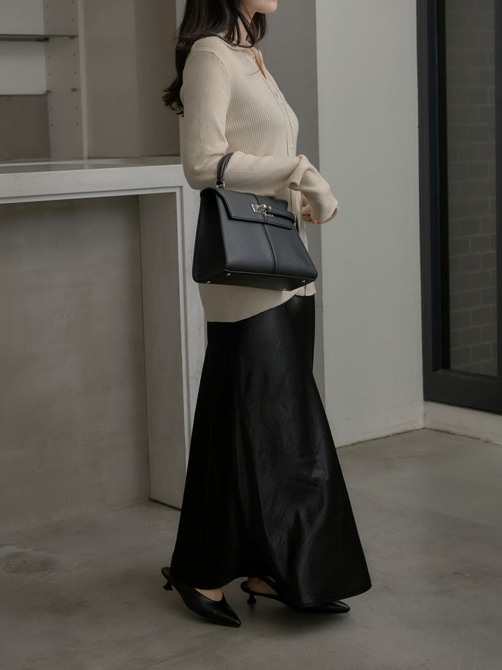 【SET】リブ配色ラインポロニットカーディガン+ナローAラインサテンスカート(2set)