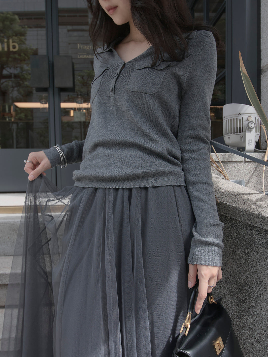 【SET】ポケットデザインリブニットトップス+ボリュームチュールスカート(2set)