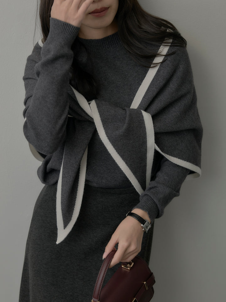 【SET】配色スカーフ付きニットトップス+リラクシーフレアロングスカート(2set)