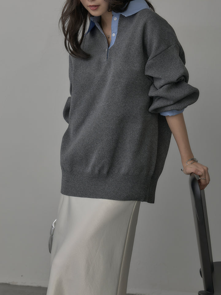 【SET】襟付きポロトップス+ナローAラインサテンスカート(2set)