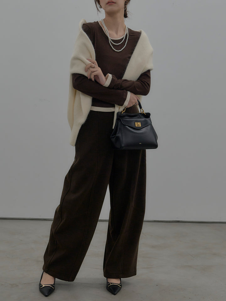 【SET】バイカラーレイヤードカットソー+カーブデザインスウェットライクパンツ(2set)