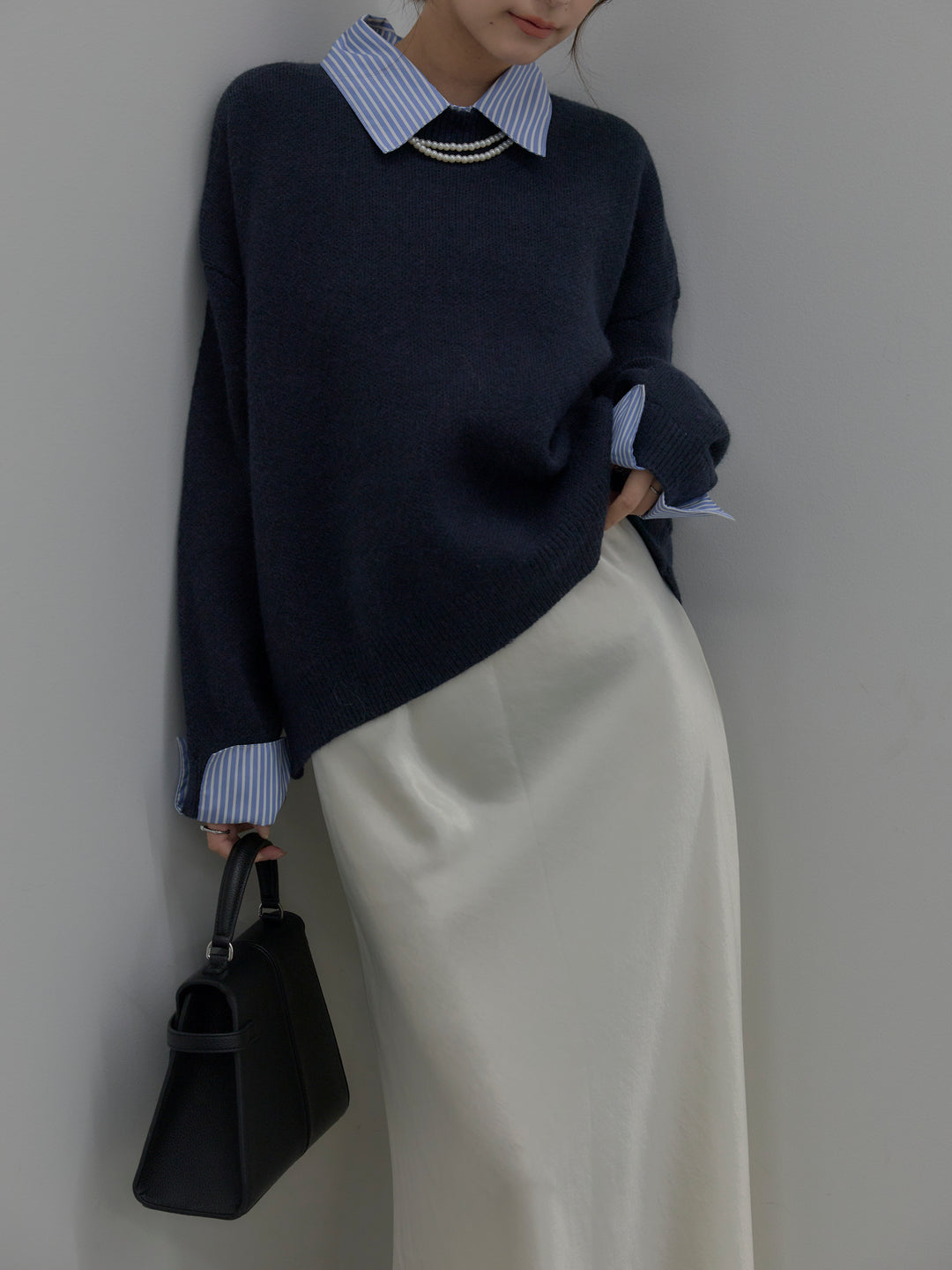 【SET】シャツドッキング肉厚ニットプルオーバー+ナローAラインサテンスカート(2set)