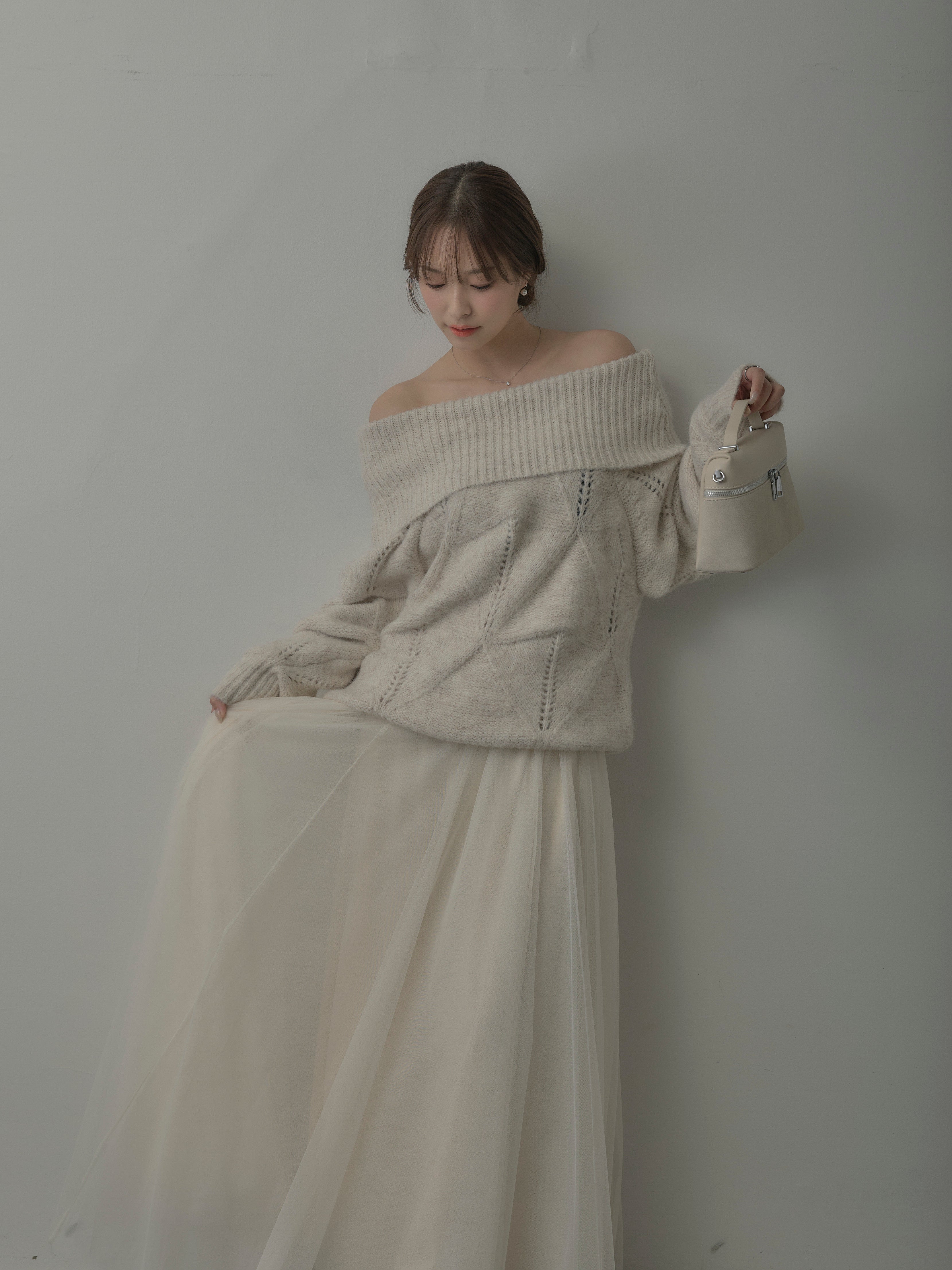 ヘラルボニーチュールトップス美品オマケ付き SET】メランジニットオフショルトップス+ボリュームチュールスカート