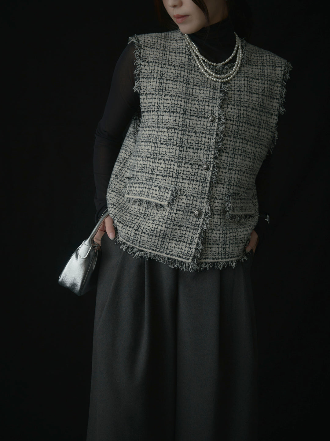 【SET】ツイードフリンジベスト+メロウフリルシアートップス+【ロープベルト付属】ウールタッチワイドパンツ(3set)