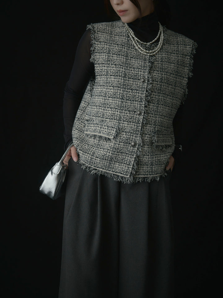 【SET】ツイードフリンジベスト+メロウフリルシアートップス+【ロープベルト付属】ウールタッチワイドパンツ(3set)