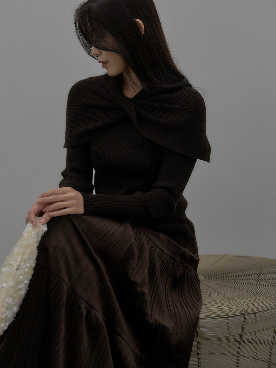 【SET】ケープライクデザインリブニットトップス+ベロアプリーツティアードスカート(2set)