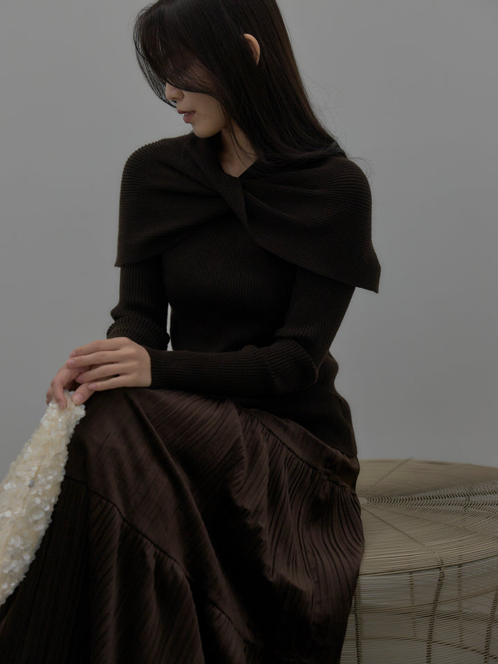 【SET】ケープライクデザインリブニットトップス+ベロアプリーツティアードスカート(2set)