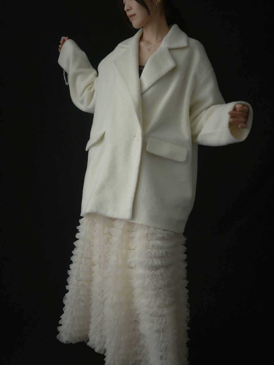 【SET】【Essential】オーバーサイズジャケットコート+ドラマチックフリルチュールスカート(2set)