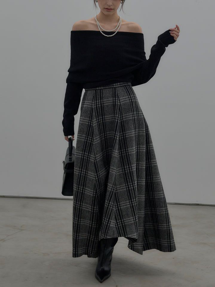 【SET】【premium touch】ソフトリブオフショルニットトップス+【Essential】クラシカルチェックウールタッチスカート(2set)