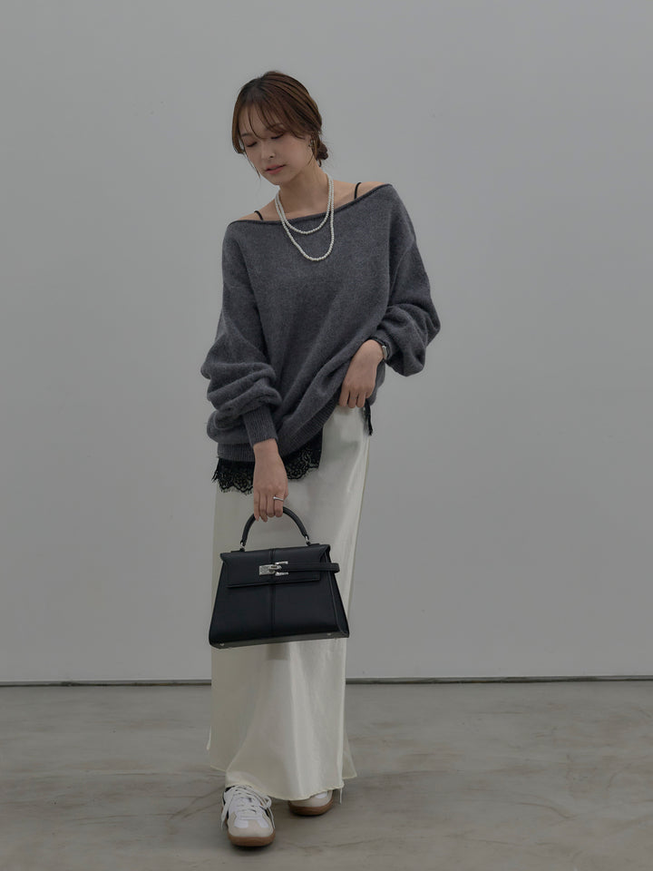 【SET】【premium touch】2wayショルダーニットプルオーバー+ナローAラインサテンスカート(2set)