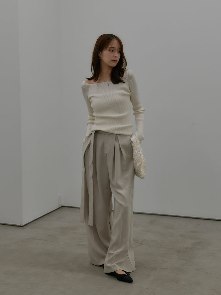 【SET】モヘアライクオーバーニットカーディガン+スクエアネックリブニット+ウエストリボンワイドパンツ(3set)