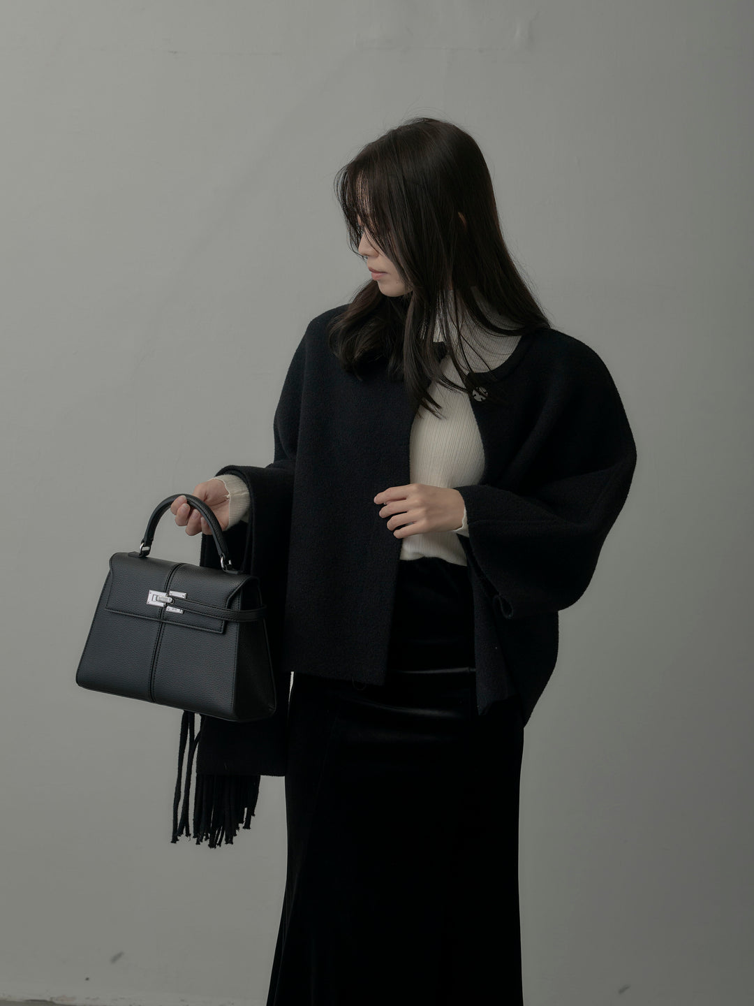 【SET】マフラー付き2WAYケープコート+リブニットタートルネック+ベロアマーメイドスカート(3set)