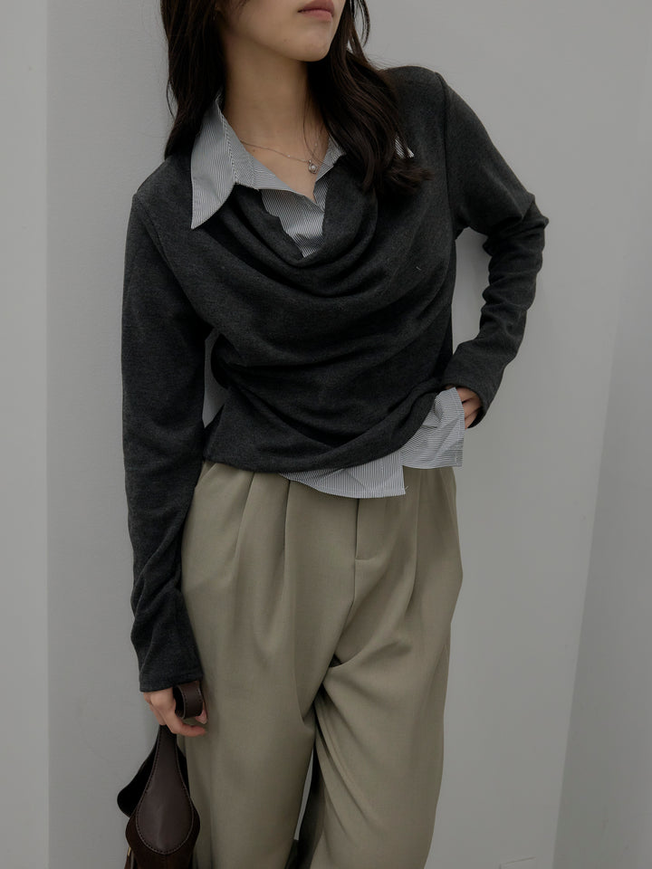 【SET】シャツレイヤードドレープニットトップス+デザインタックワイドパンツ(2set)