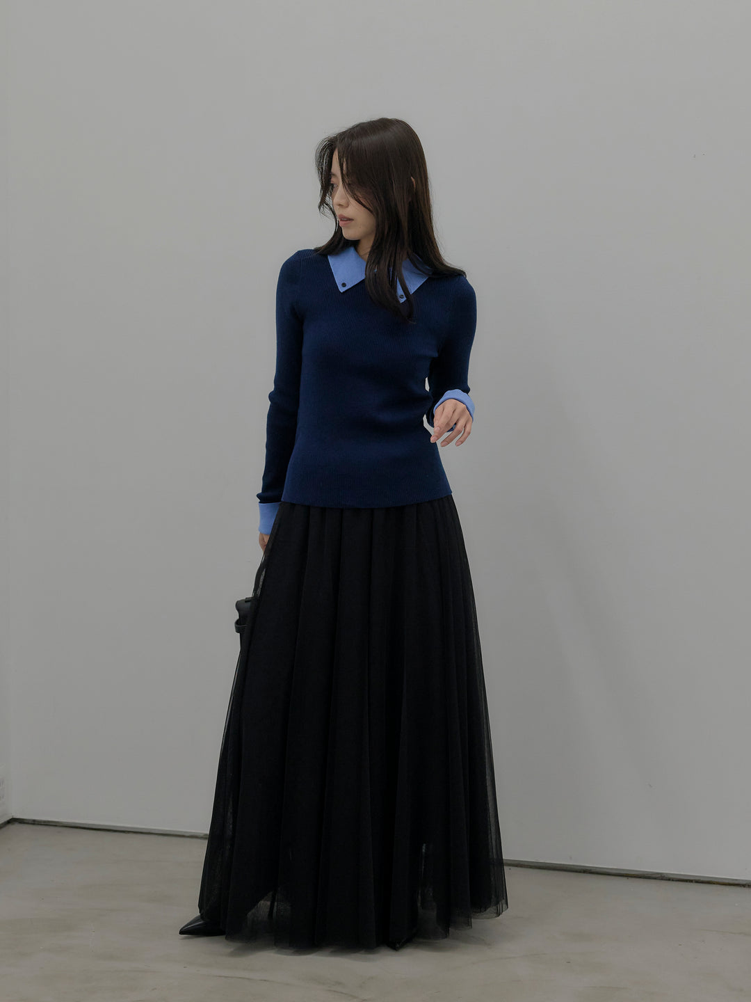 【SET】配色カフスニットポロ+ボリュームチュールスカート(2set)