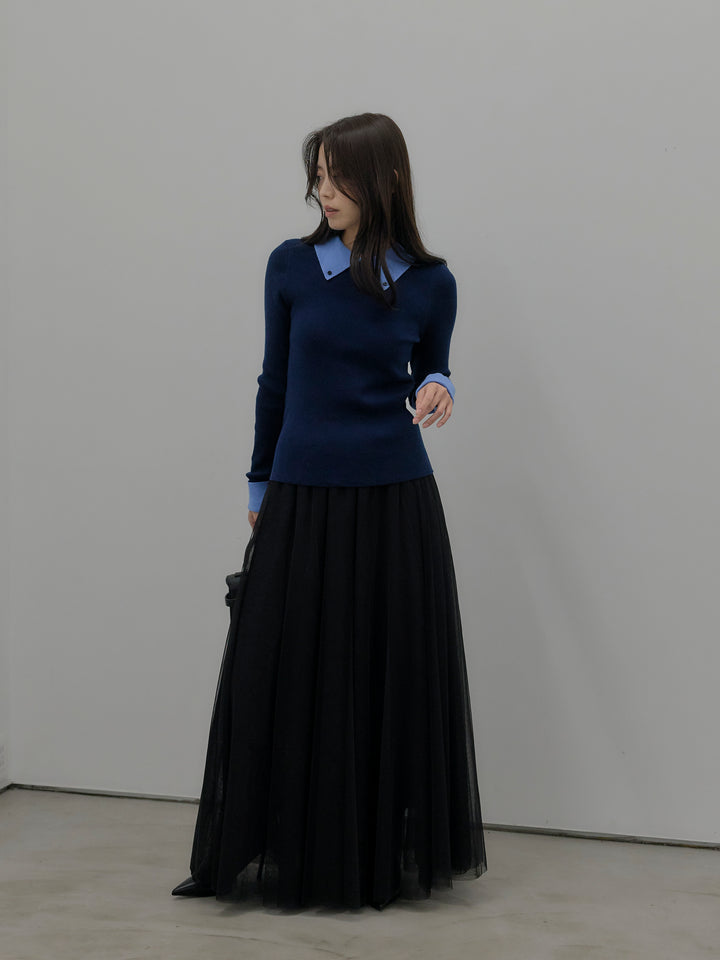 【SET】配色カフスニットポロ+ボリュームチュールスカート(2set)