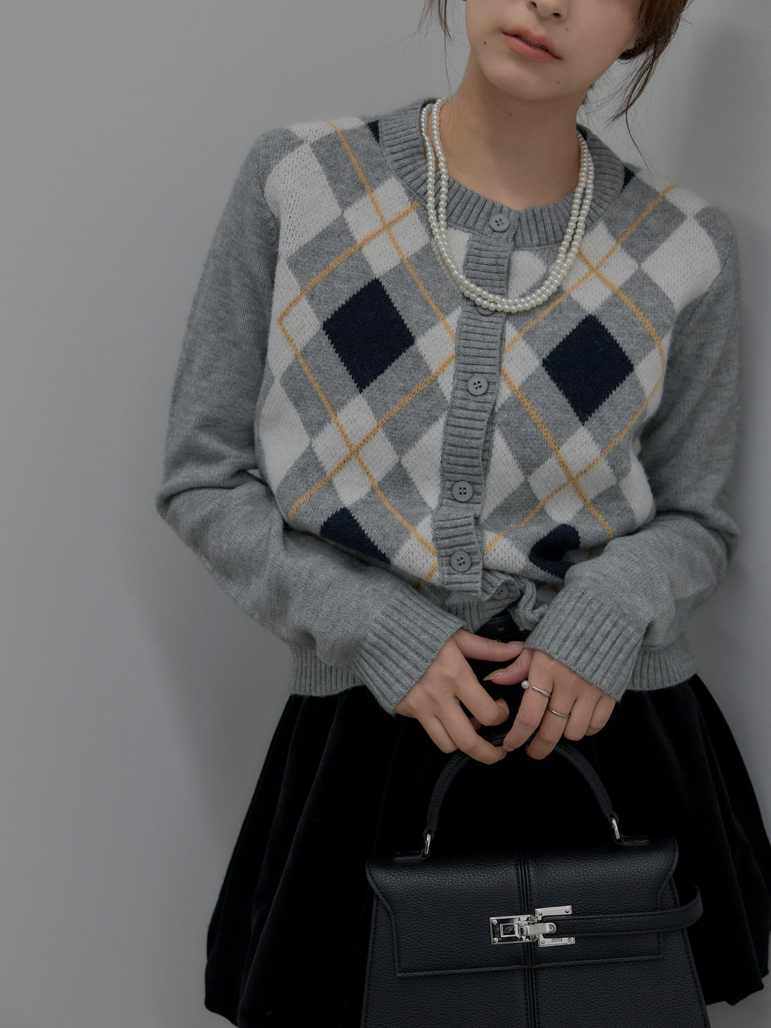 【SET】アーガイル柄コンパクトニットカーディガン+ベロアバルーンミニスカート(インパン付き)(2set)