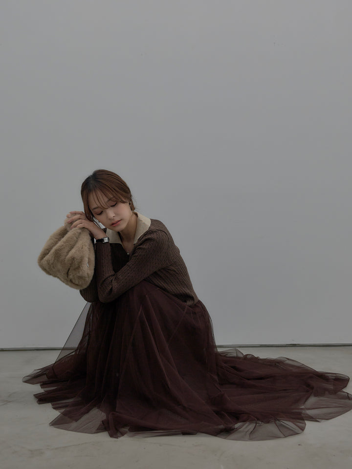 配色Vネックケーブルニットトップス