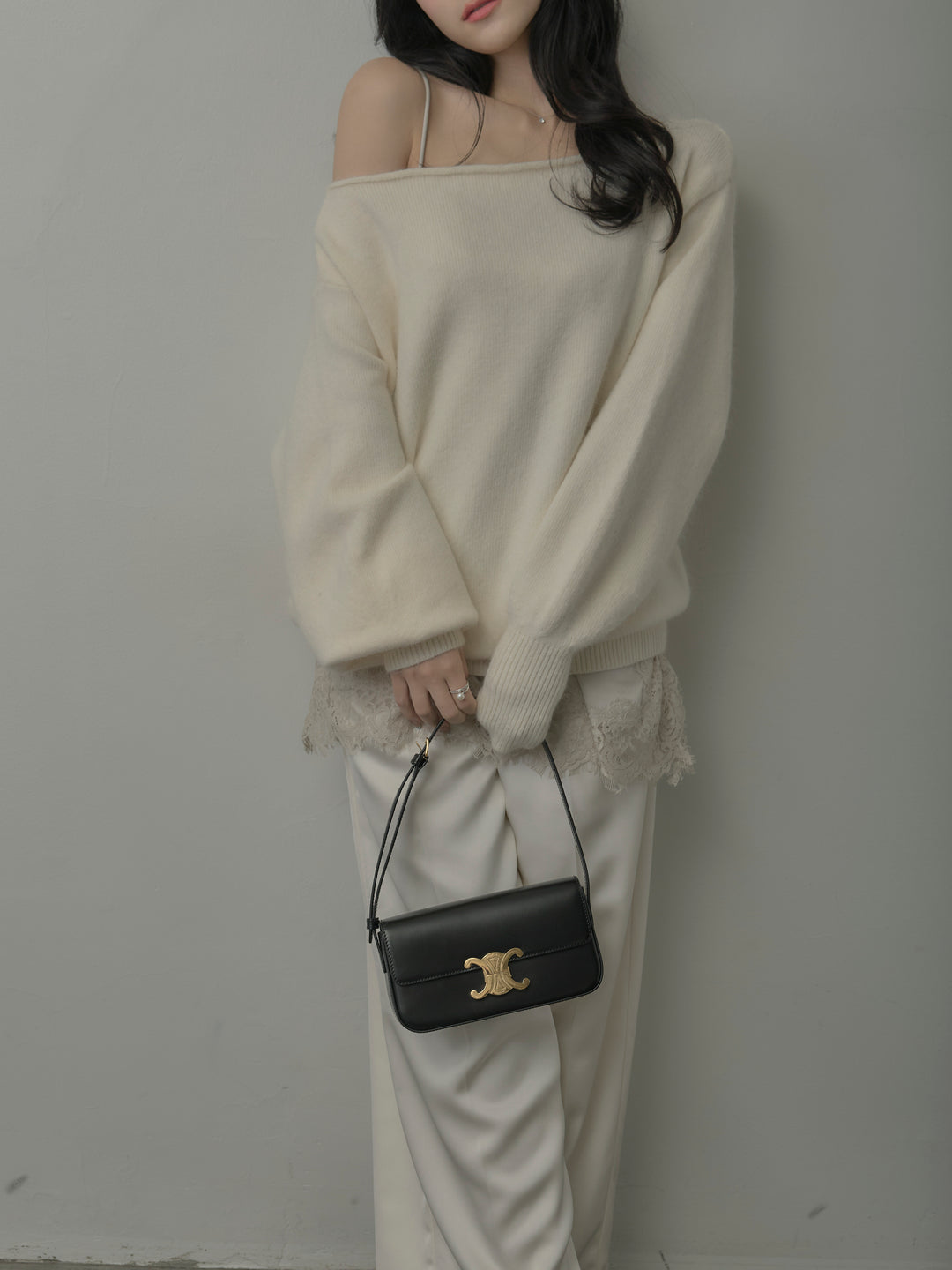 【SET】【premium touch】2wayショルダーニットプルオーバー+レースサテンキャミソール+【Essential】センタープレスサテンパンツ(3set)