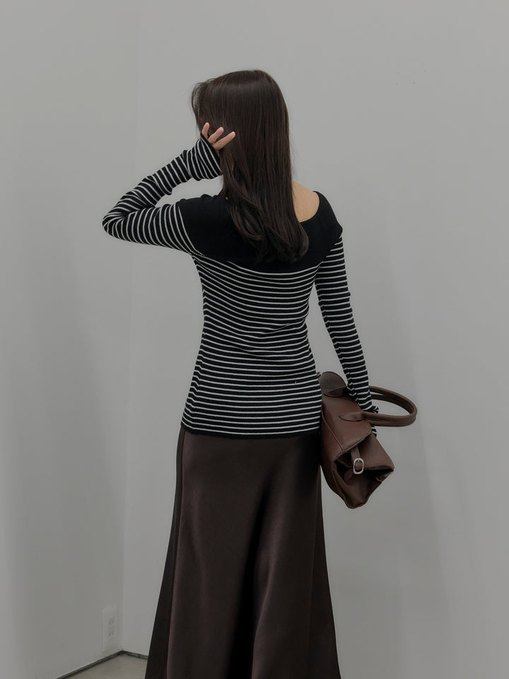 【SET】ハーフボーダーニットトップス+ナローAラインサテンスカート(2set)