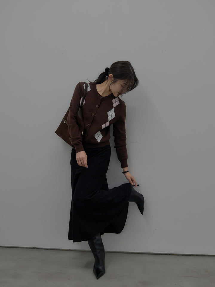 【SET】アーガイル柄ニットカーディガン+スウェードフレアスカート(2set)