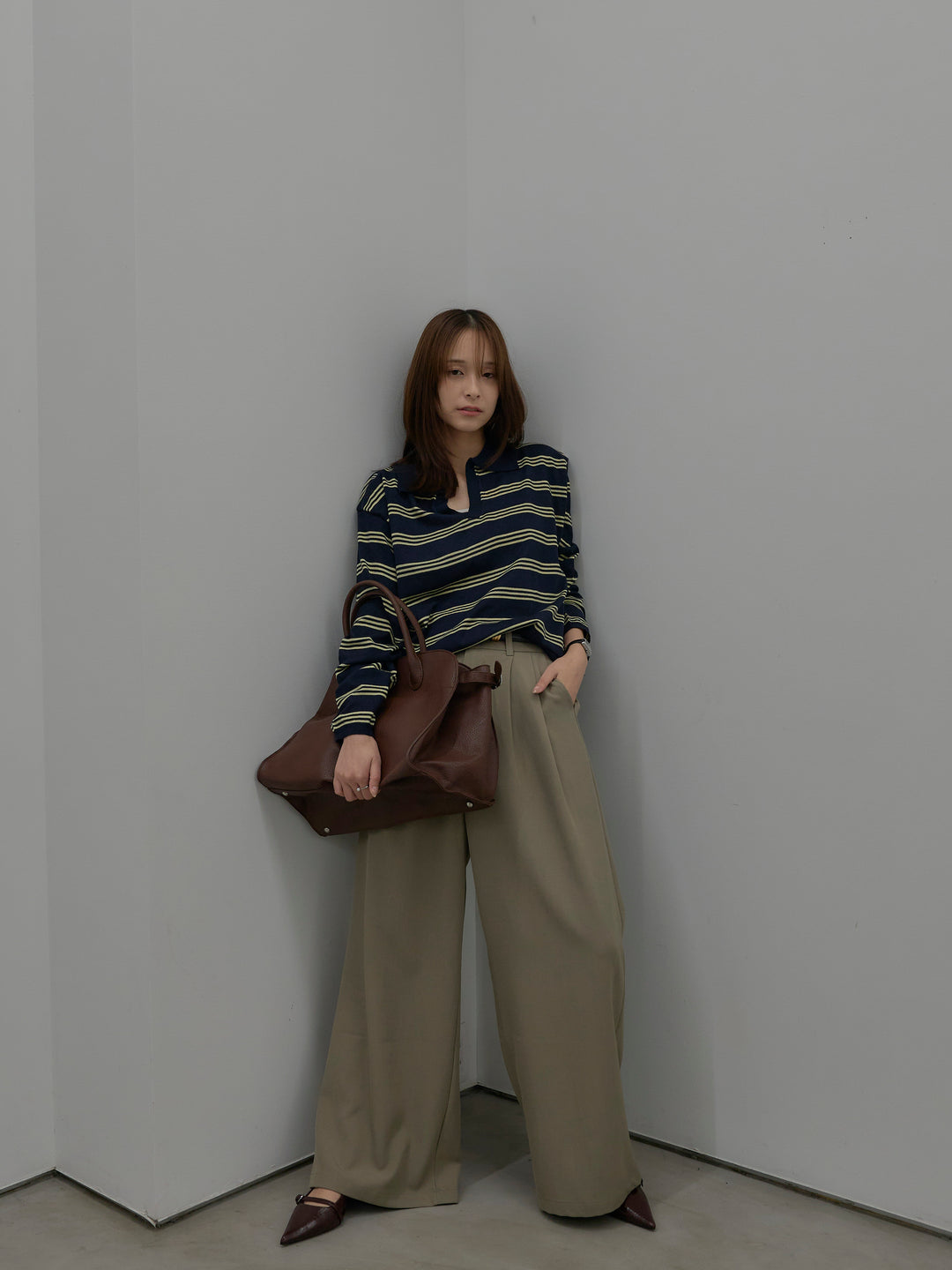 ボーダーポロ襟ニットプルオーバー