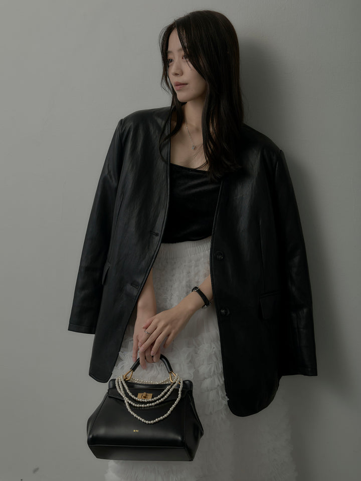 【SET】レザーノーカラージャケット+ドラマチックフリルチュールスカート(2set)