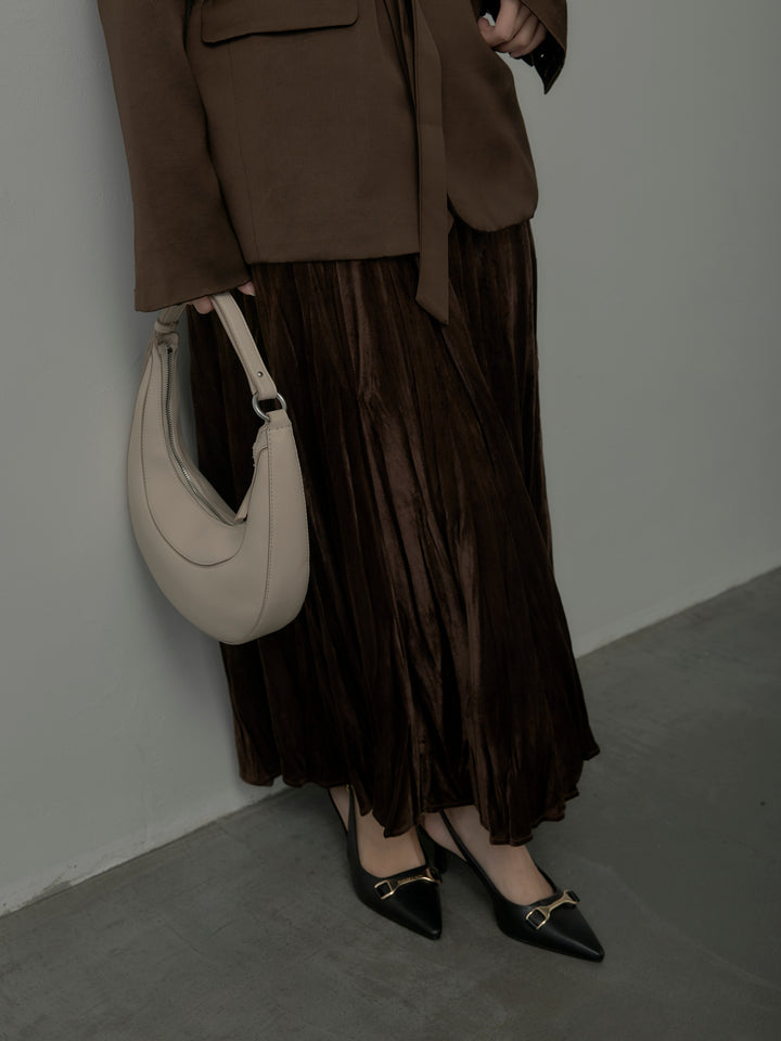 【SET】ノーカラーサテンジャケット+ベロアワッシャープリーツスカート(2set)