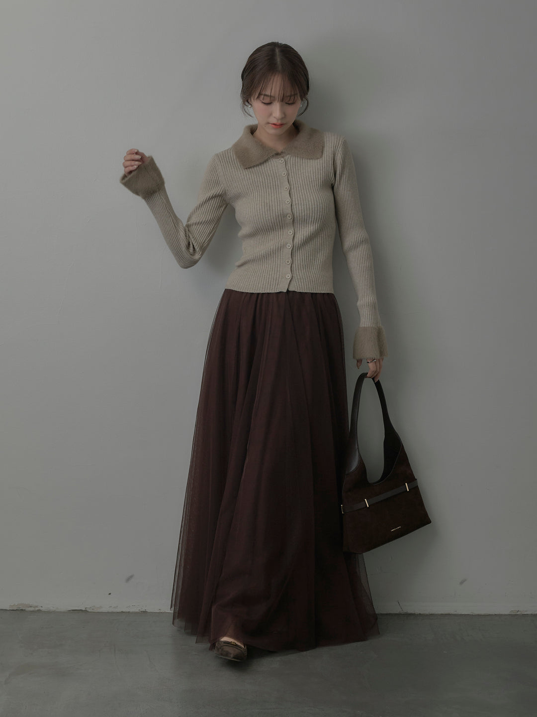 シャギー襟リブニットポロトップス