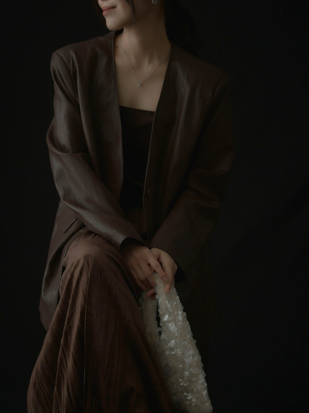 【SET】レザーノーカラージャケット+ベロアワッシャープリーツスカート(2set)