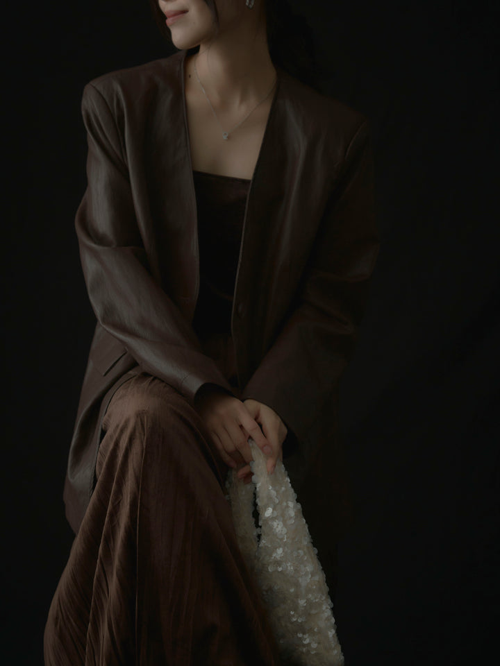 【SET】レザーノーカラージャケット+ベロアワッシャープリーツスカート(2set)