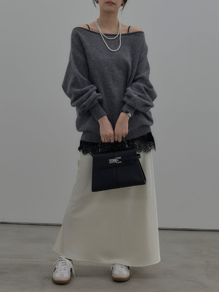 【SET】【premium touch】2wayショルダーニットプルオーバー+レースサテンキャミソール+ナローAラインサテンスカート(3set)