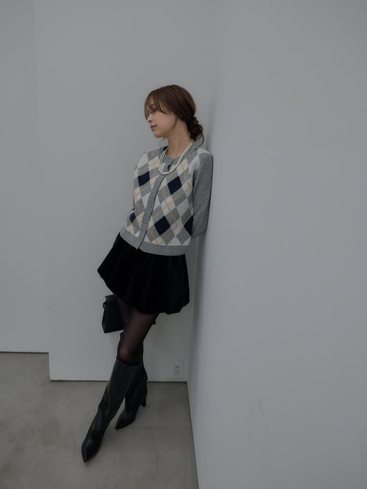【SET】アーガイル柄コンパクトニットカーディガン+ベロアバルーンミニスカート(インパン付き)(2set)