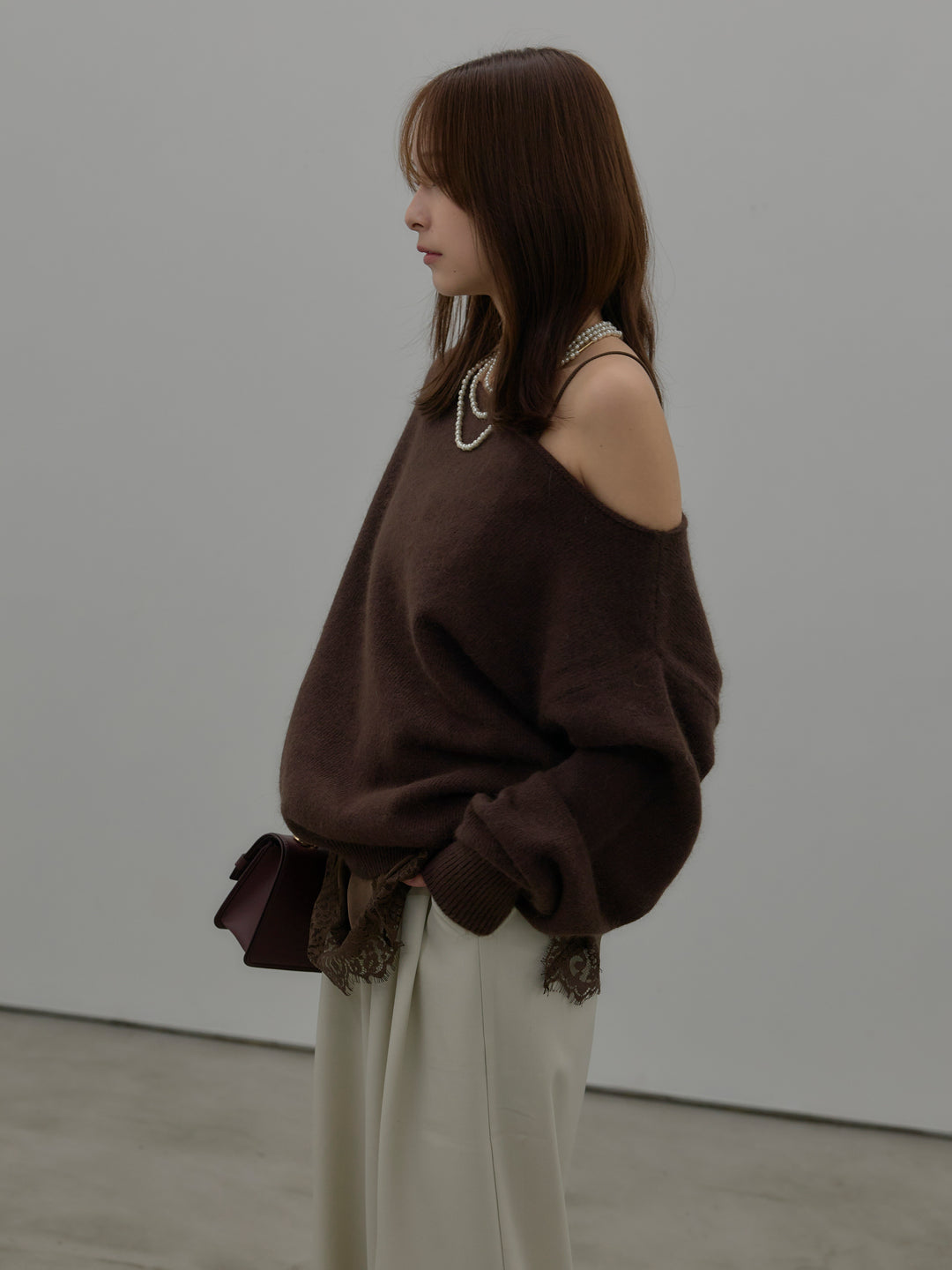 【SET】【premium touch】2wayショルダーニットプルオーバー+レースサテンキャミソール(2set)