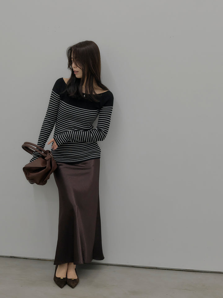 【SET】ハーフボーダーニットトップス+ナローAラインサテンスカート(2set)