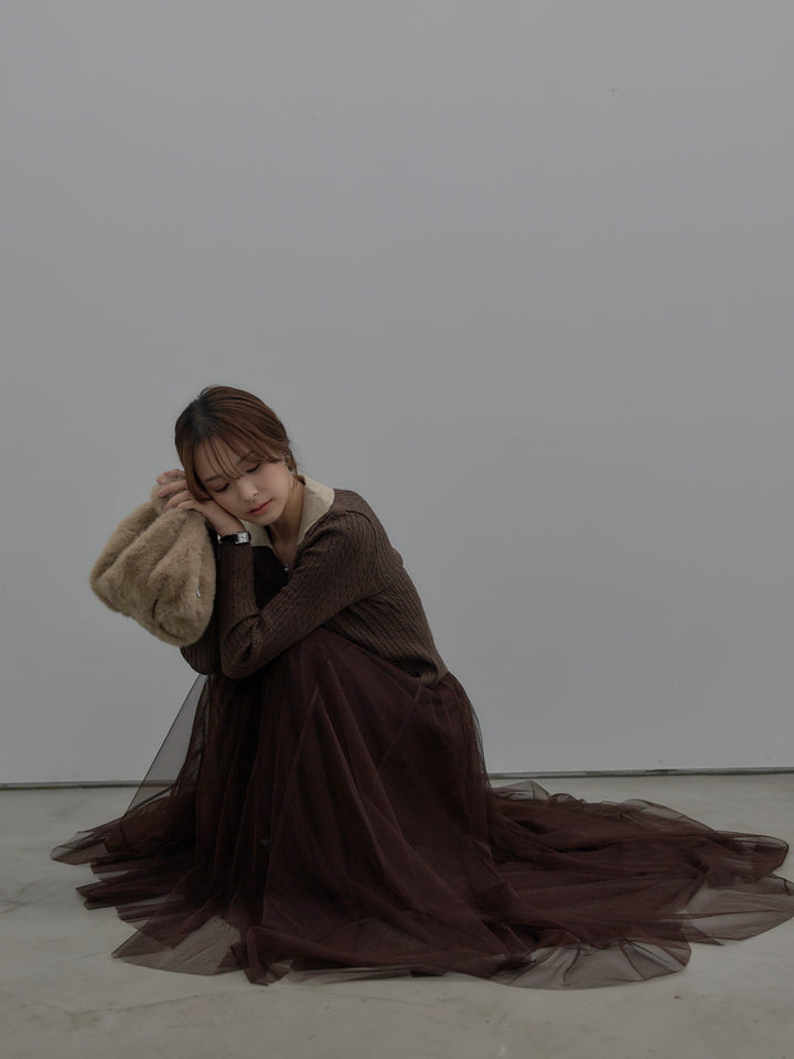 配色Vネックケーブルニットトップス